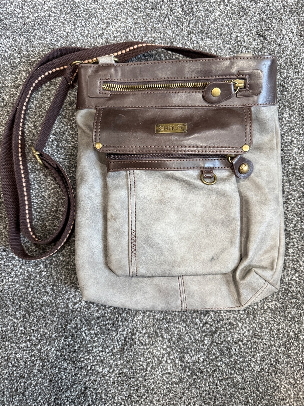 Chala Gray and Brown Crossbody Bag with Gold Hardware